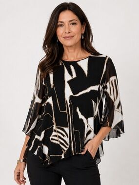 JM Collection Petite Medium Abstract Print Sheer Sleeve Blouse Top - M P